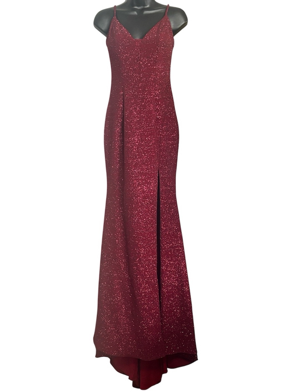 Jovani Size 2 Elegant Burgundy Glitter Slip Dress with High Thigh Slit